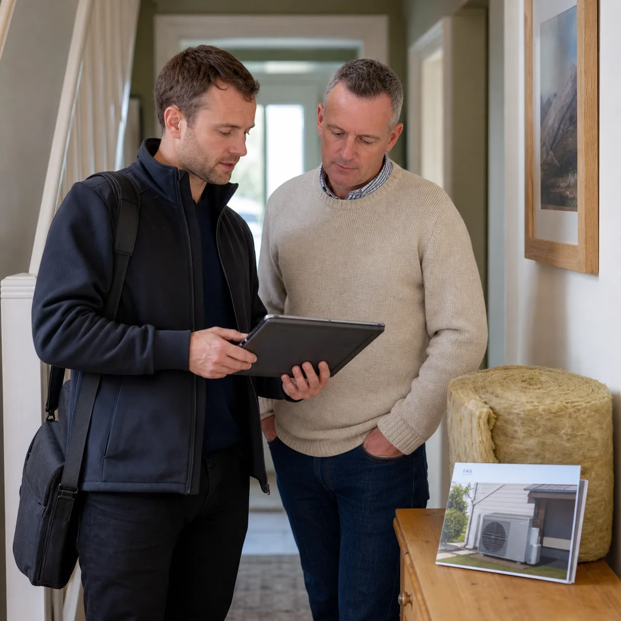A UK landlord and energy assessor reviewing EPC upgrade plans in a rental home hallway with insulation materials nearby.