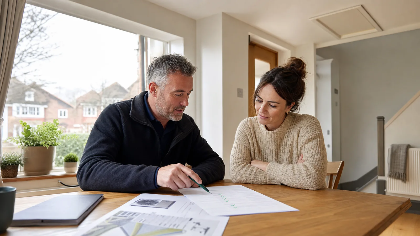 A UK homeowner and energy advisor reviewing an energy saving materials quote in a bright home.