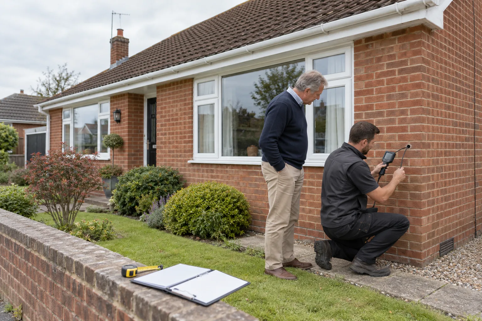 Insulation surveyor using a borescope on the cavity wall of a British red-brick rental bungalow while the landlord observes