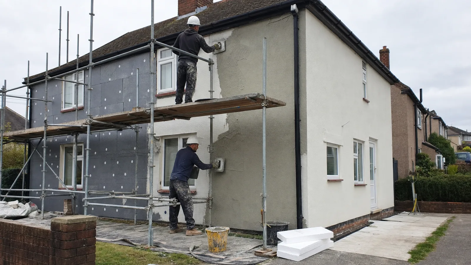 Professional home energy assessor completing a heat loss survey in a British living room with radiator measurements and insulation notes.
