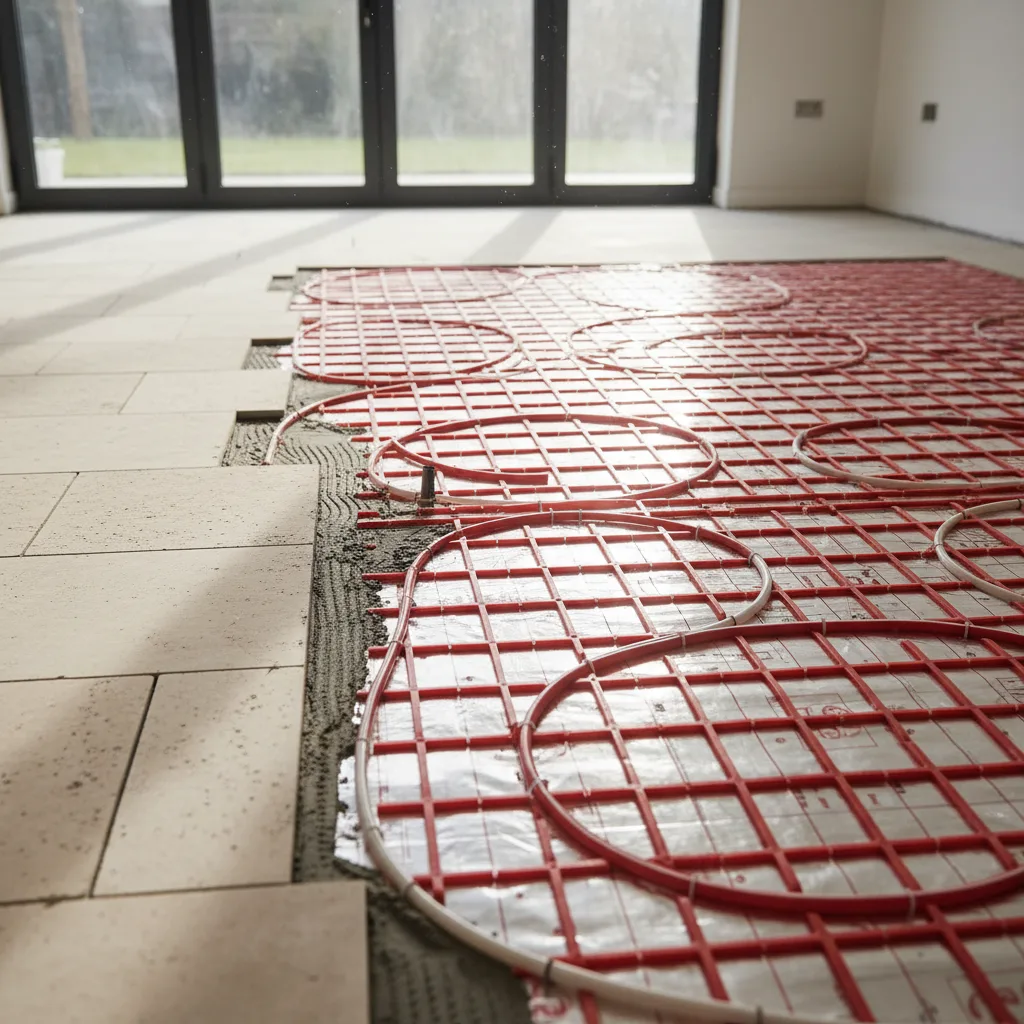 A UK living room floor under construction with wet underfloor heating pipework laid in red protective panels over insulation, ready for screed and tile finish.