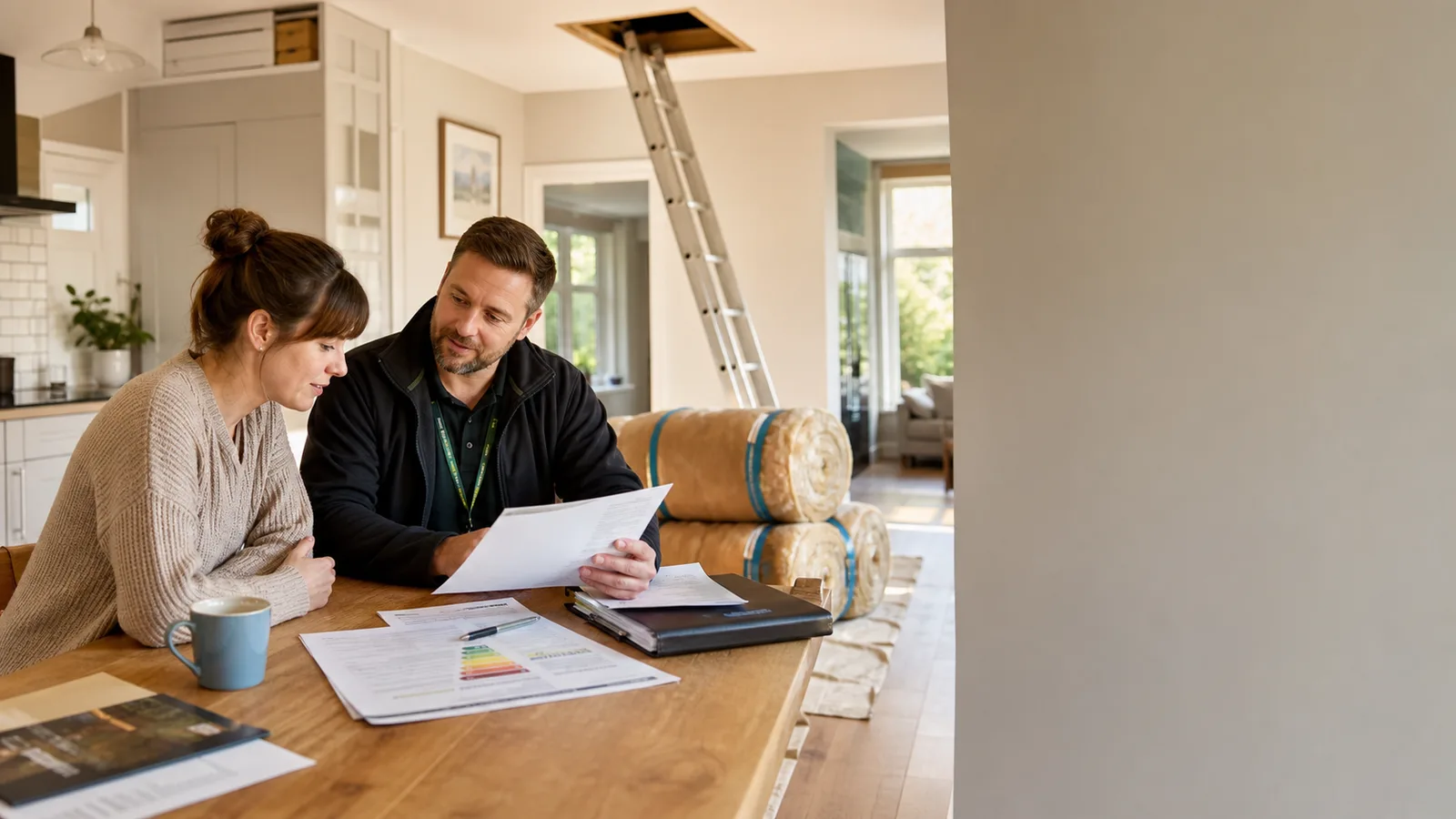 A UK homeowner reviewing insulation grant paperwork with an energy assessor beside loft insulation materials.