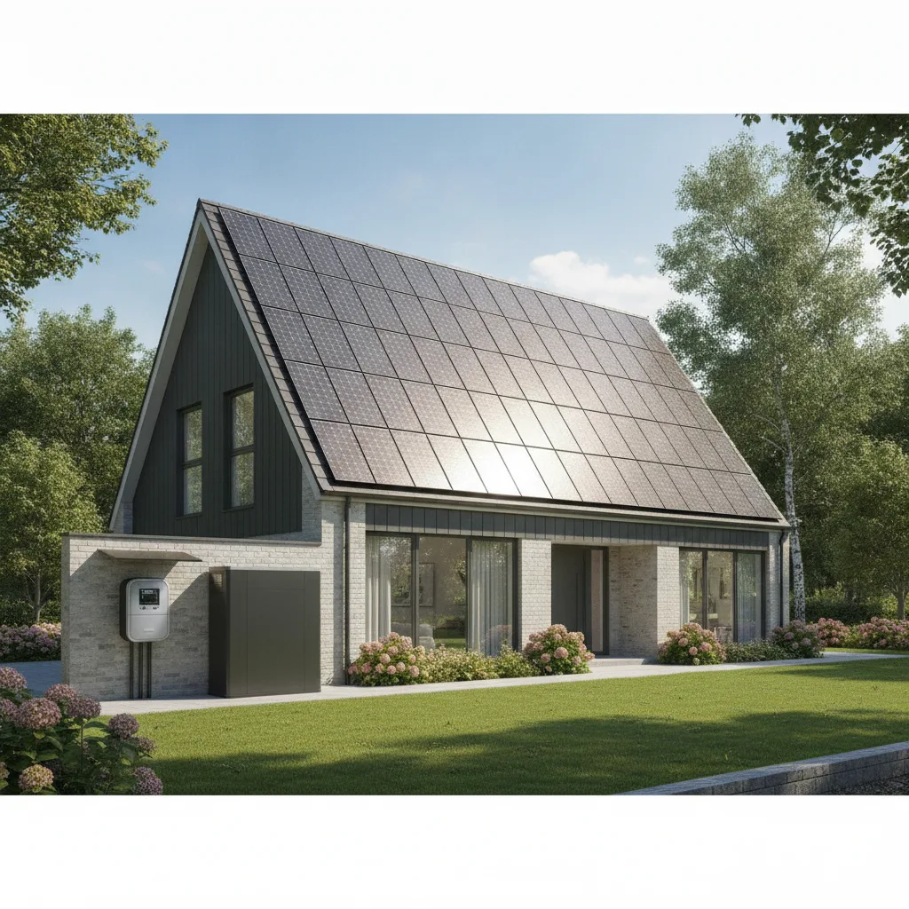 A modern UK detached house on a bright summer day with a full array of rooftop solar photovoltaic panels, and a smart electricity meter and small home battery on a utility wall, illustrating how solar homes export surplus power to the grid under the Smart Export Guarantee.
