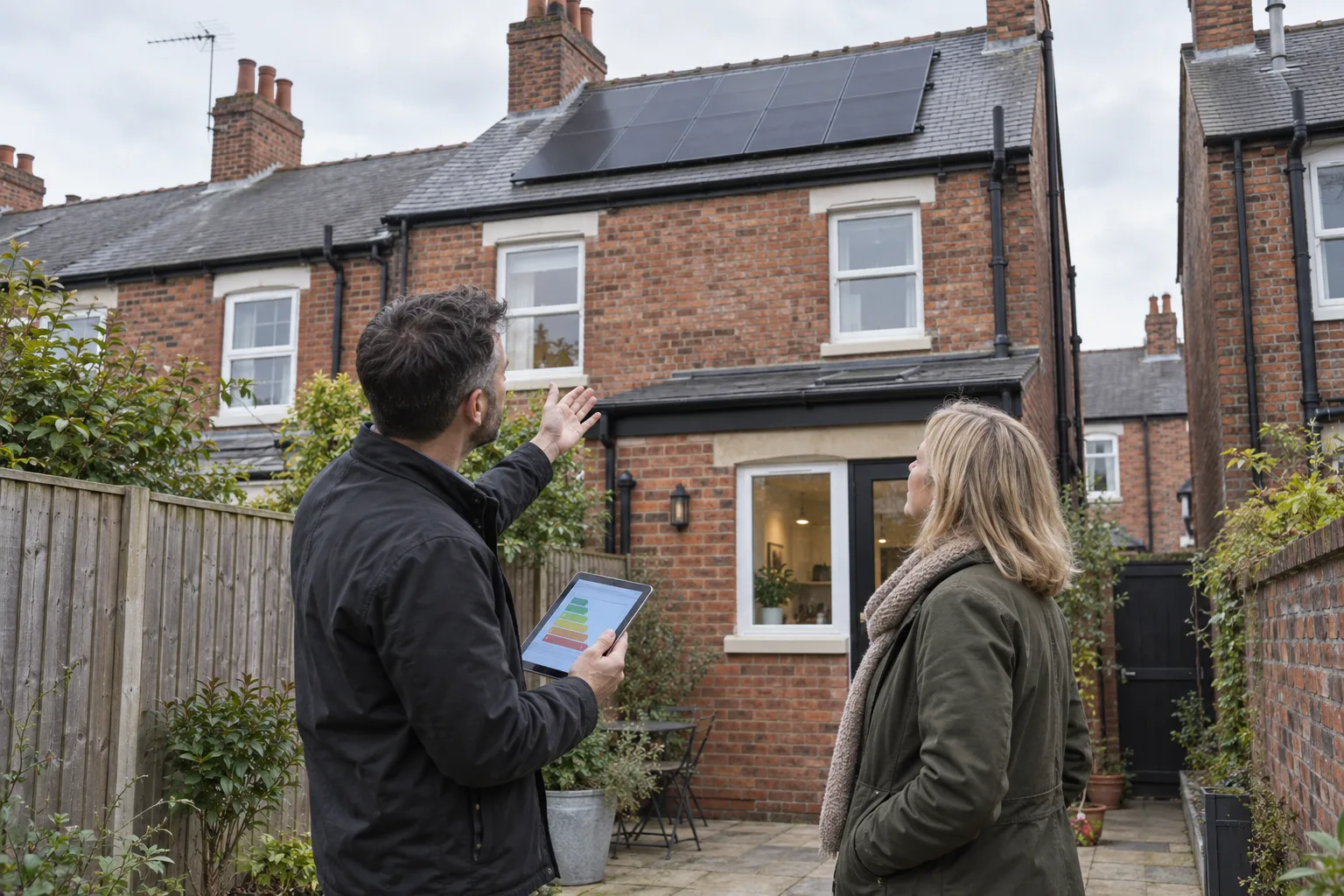 British landlord and EPC assessor reviewing rooftop solar panels on a red-brick Victorian terraced rental home.
