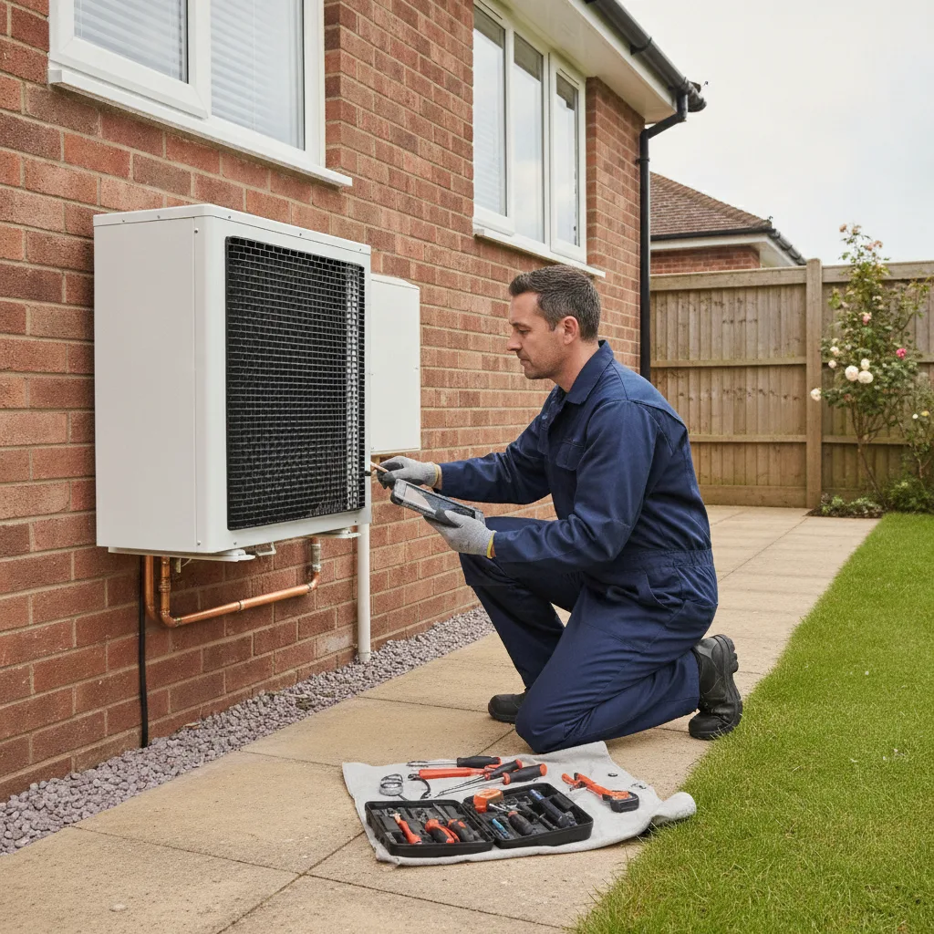 A qualified UK heating engineer in uniform servicing a modern wall mounted air source heat pump outdoor unit beside a British home, checking the unit with a tablet and tools in daylight.