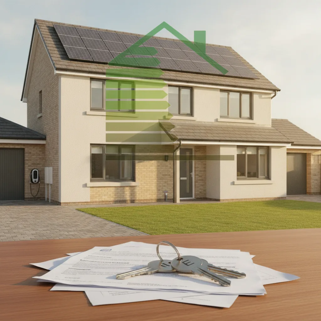 A bright modern UK suburban home with rooftop solar panels on a sunny day, shown alongside a green energy efficiency rating chart and a set of house keys resting on mortgage paperwork, illustrating green mortgages for energy efficient homes.