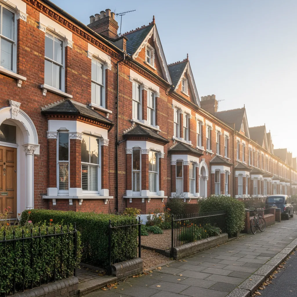 Traditional English Victorian red brick terraced house in the UK with original sash windows and a low front hedge, photographed in soft early morning light.