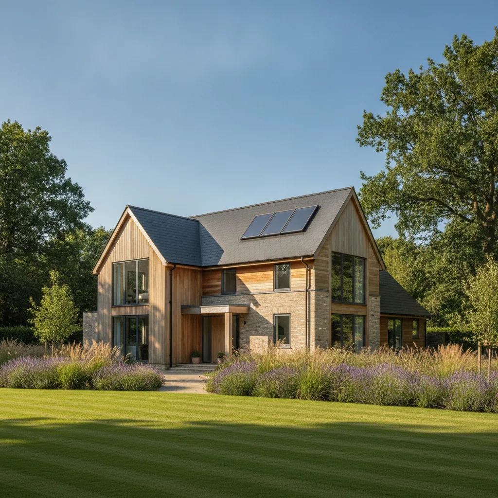 A modern UK detached house on a bright summer day with solar thermal collector panels mounted on a south facing pitched roof against a clear blue sky.