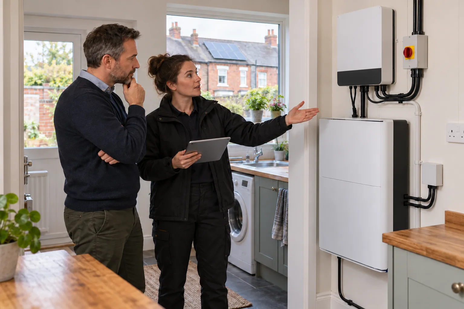 British landlord and domestic energy assessor reviewing a wall-mounted solar battery in a red-brick terraced rental home