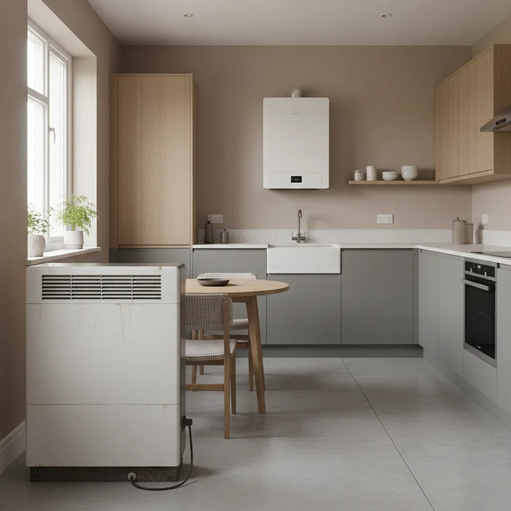 Modern UK kitchen interior with an old white brick night storage heater on the wall contrasted with a wall mounted air to air heat pump indoor unit, soft natural daylight from a side window, photorealistic.