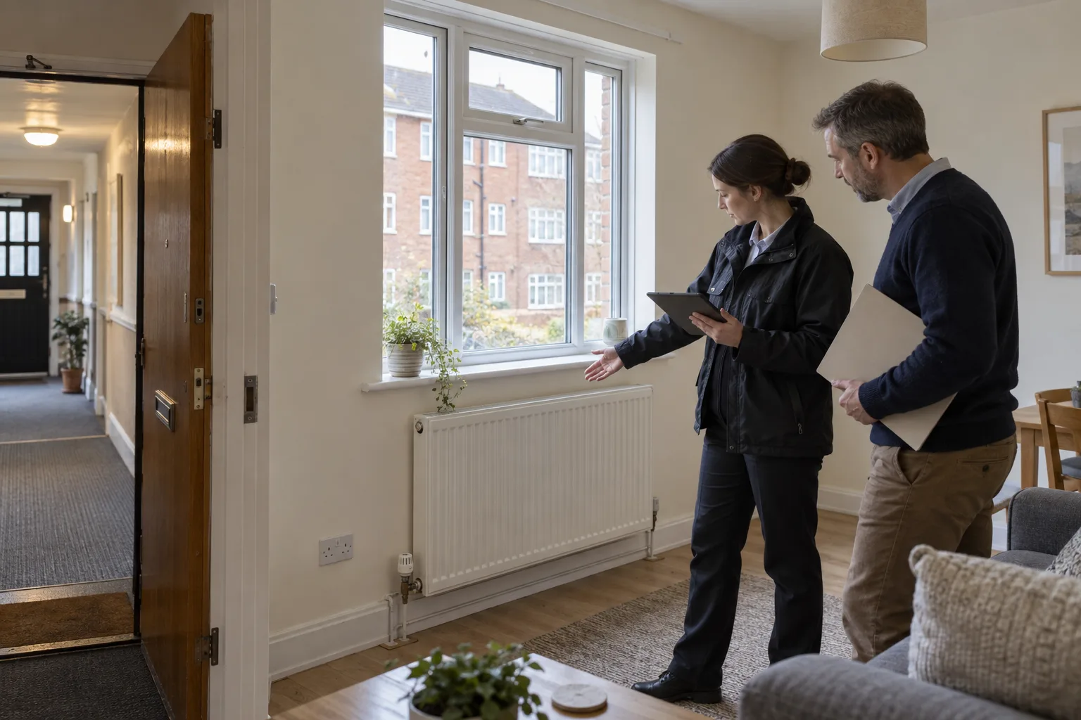 British landlord and EPC assessor reviewing a leasehold flat window, radiator and communal corridor