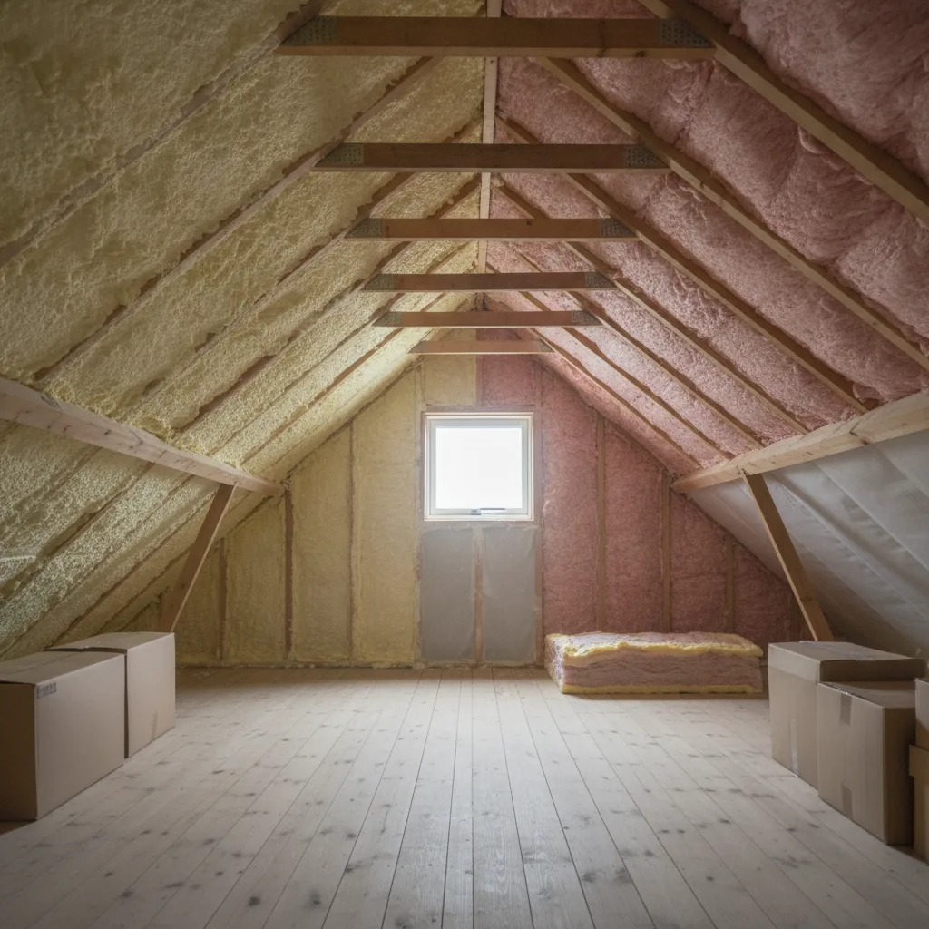 A UK loft space showing exposed roof timbers with sections of pale yellow spray foam insulation alongside traditional mineral wool rolls, photographed in natural daylight in a property survey context.