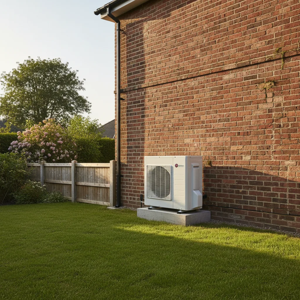 A modern white air source heat pump outdoor unit installed against the rear brick wall of a UK semi detached home, sitting on a low concrete plinth in a tidy back garden, demonstrating compliant permitted development positioning.