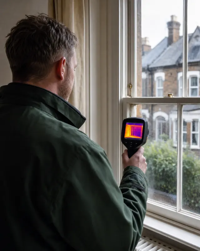 An energy assessor using a thermal imaging camera at a sash window