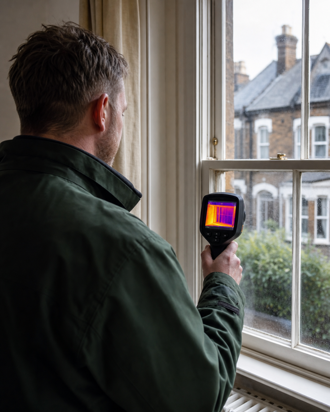An energy assessor using a thermal imaging camera at a sash window
