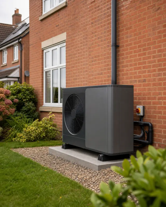 A modern air source heat pump installed beside a British home