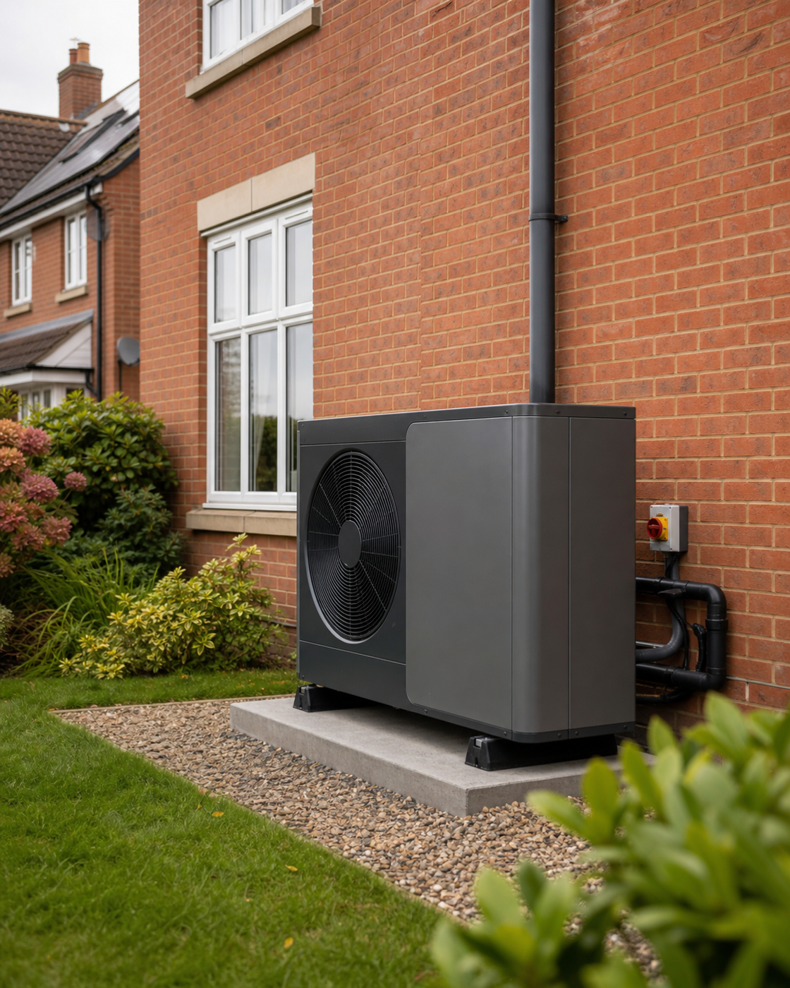 A modern air source heat pump installed beside a British home