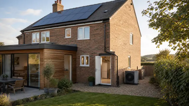 A British home with rooftop solar panels and an air source heat pump