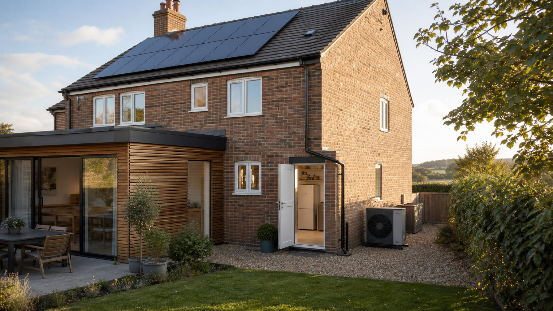 A British home with rooftop solar panels and an air source heat pump