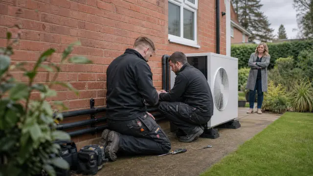 Installers fitting an air source heat pump at a British home