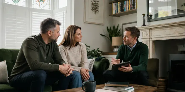 Homeowners reviewing an air source heat pump and heat pump grant plan