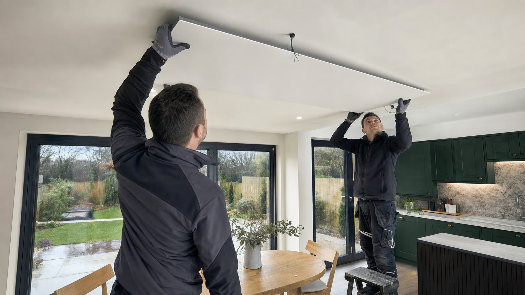 UK infrared heating installers mounting a ceiling panel in a British kitchen