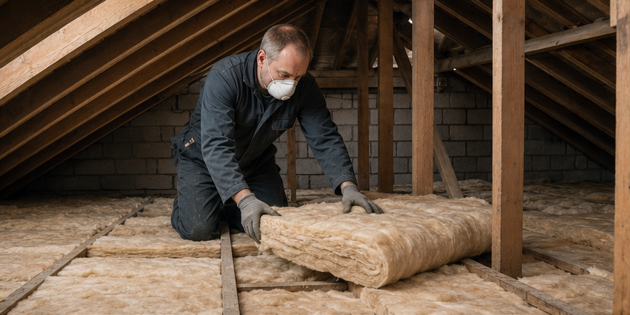 Specialist installing loft insulation in a British roof space