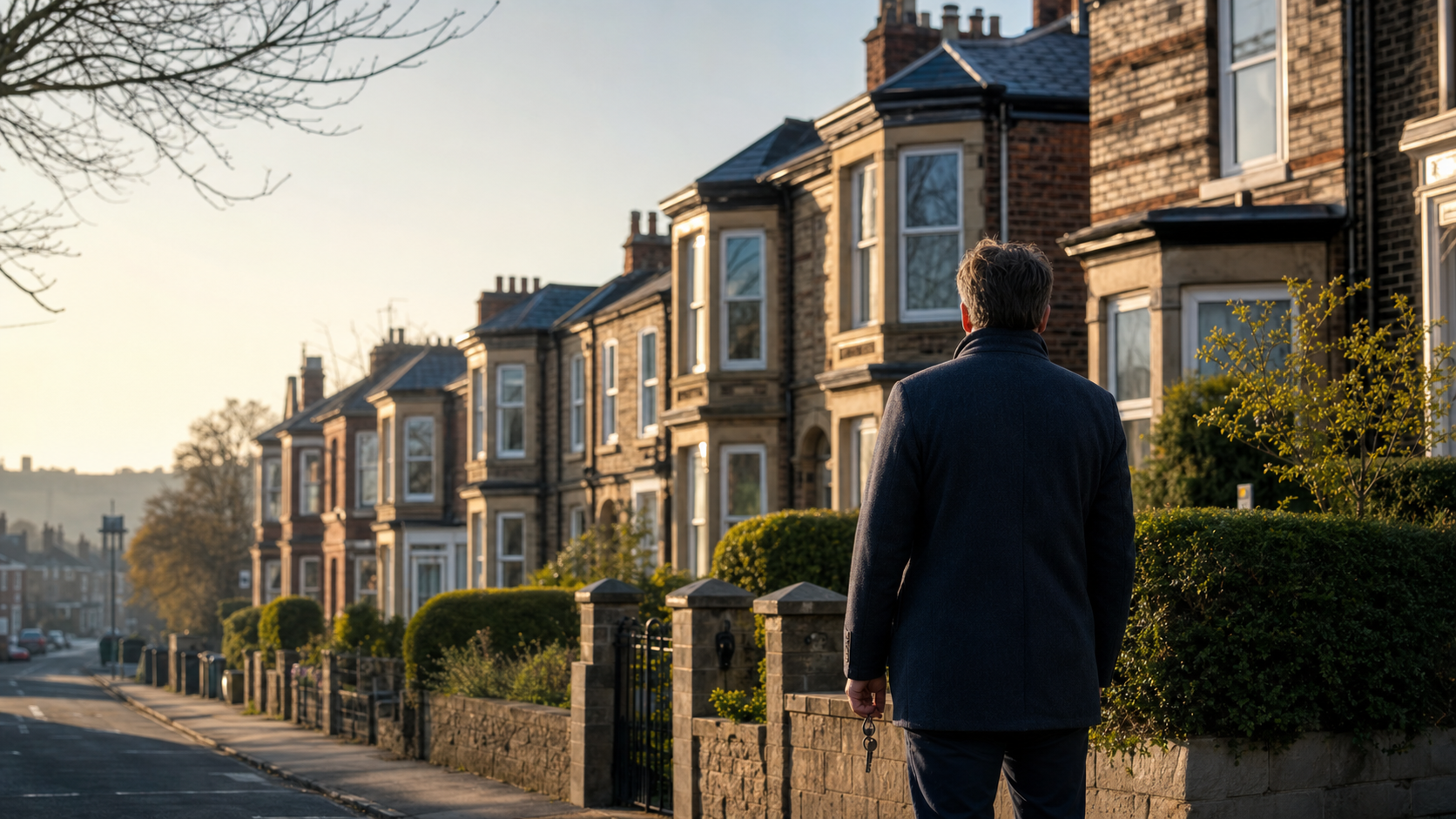 A UK landlord reviewing a street of rental properties