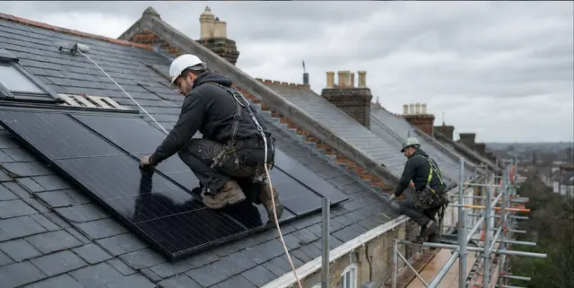 Solar installers fitting panels to a British slate roof