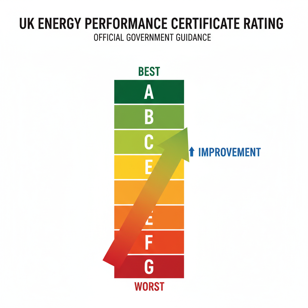 UK EPC energy performance certificate rating chart showing bands from G (worst) to A (best) with upward arrow indicating improvement