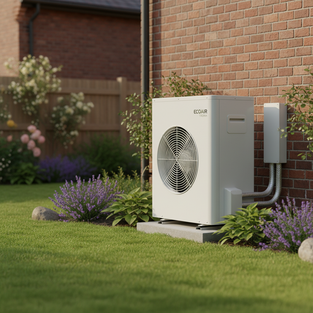 Modern air source heat pump unit installed outside a UK home