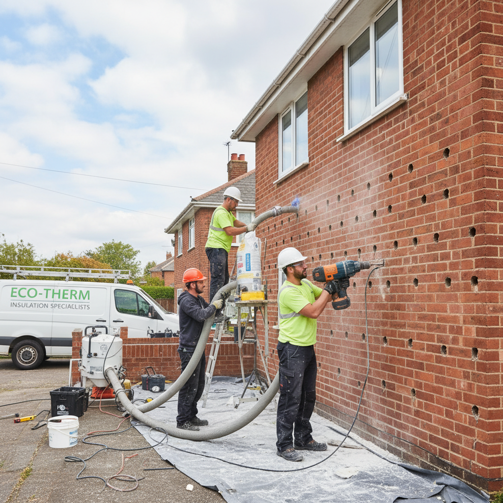 Cavity wall insulation being installed in a UK home