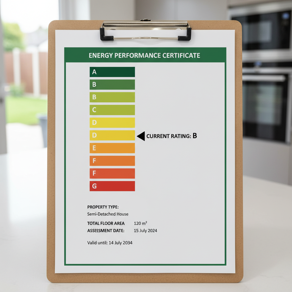 UK EPC energy performance certificate rating chart showing bands from G (worst) to A (best) with upward arrow indicating improvement