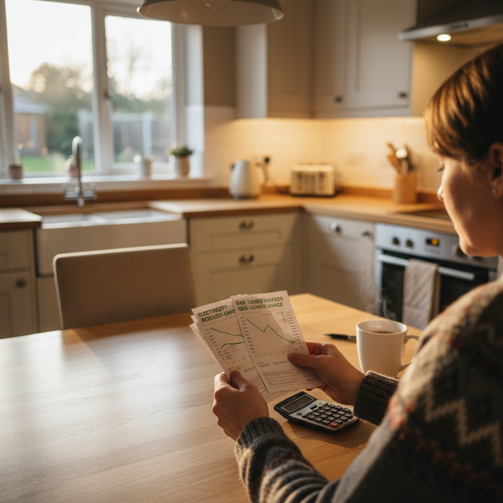 UK homeowner reviewing lower energy bills after efficiency improvements