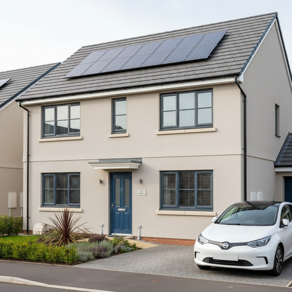 Energy efficient UK home with solar panels reducing energy bills