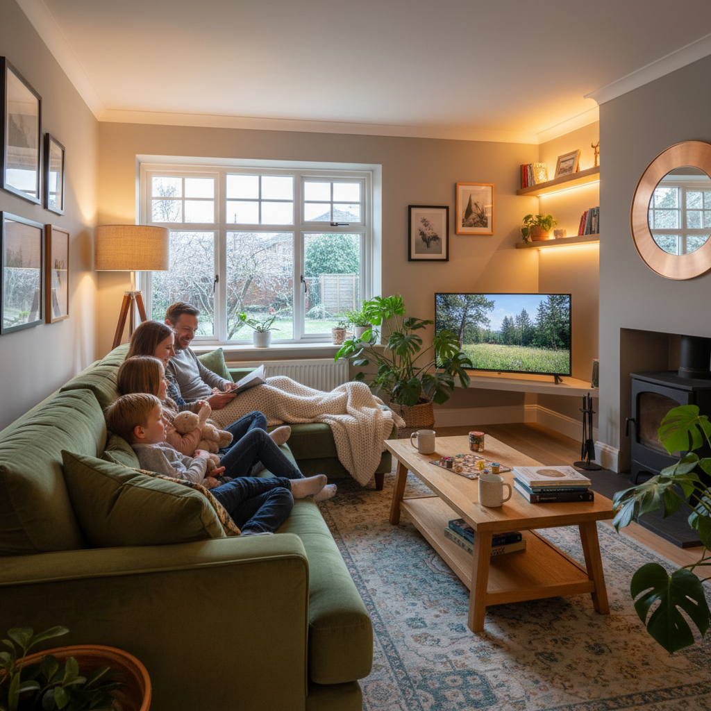 UK family enjoying a warm comfortable home after energy efficiency improvements