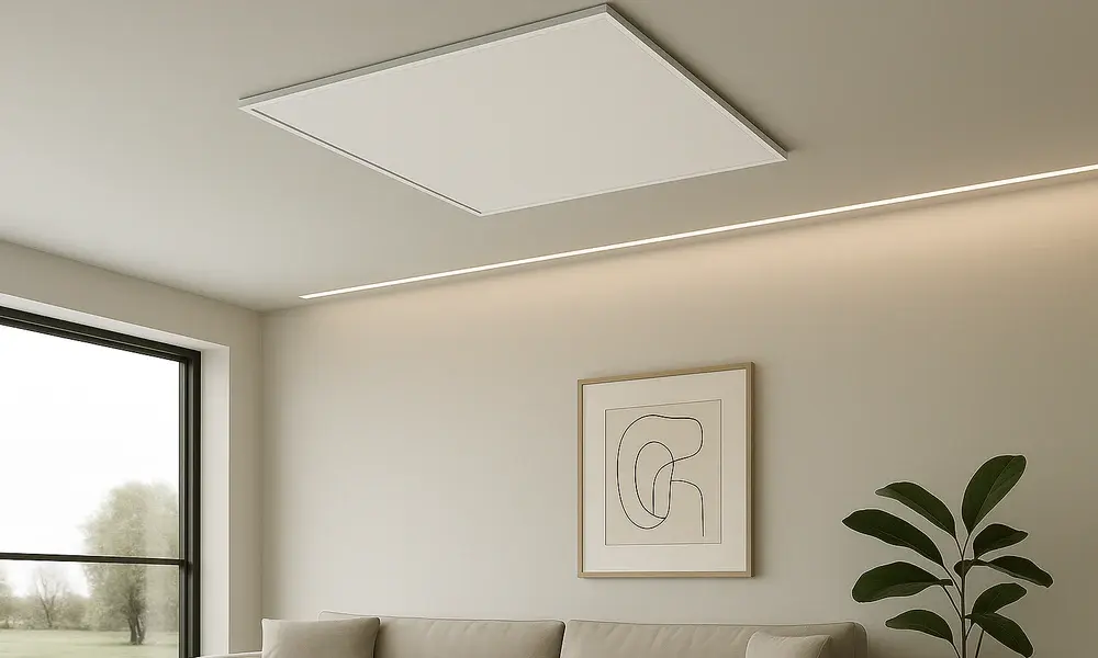 Ceiling-mounted infrared heating panel in a bright modern living room, flush to the ceiling with no visible pipework