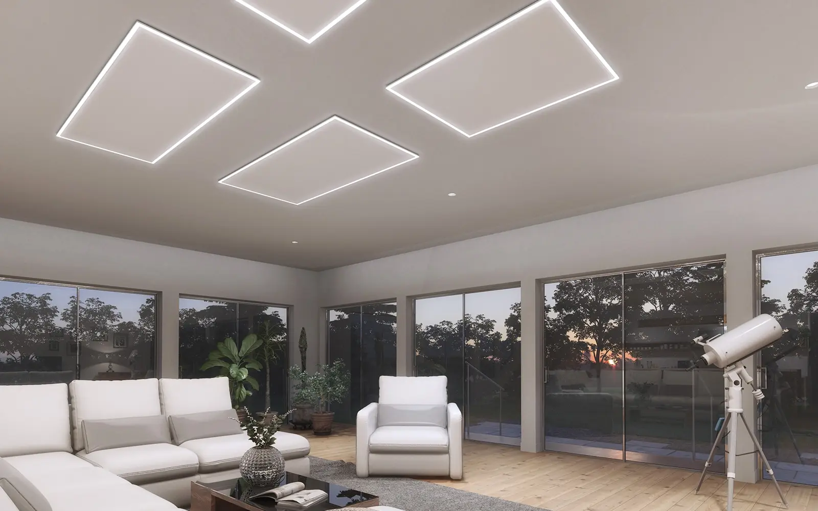 Modern living room with an infrared picture panel heater mounted on the wall, providing discreet and efficient radiant heat