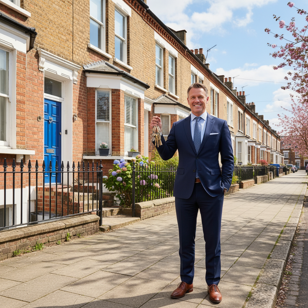 Professional UK landlord holding keys outside a British terraced house on a sunny residential street