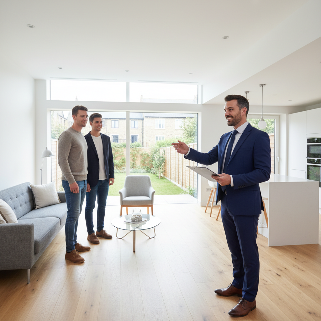 Professional letting agent showing a couple around a bright modern UK property with clipboard