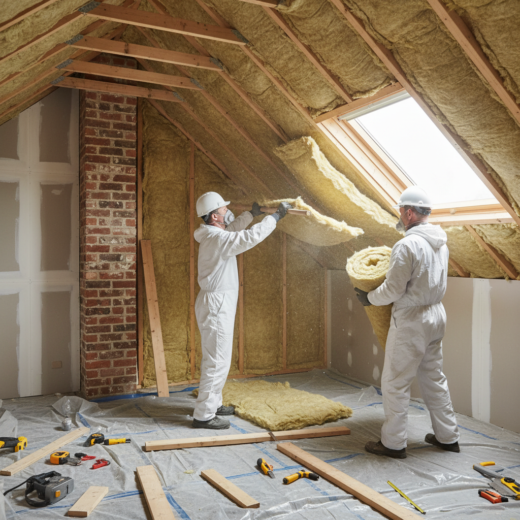 Room-in-roof insulation installation in a UK converted loft space