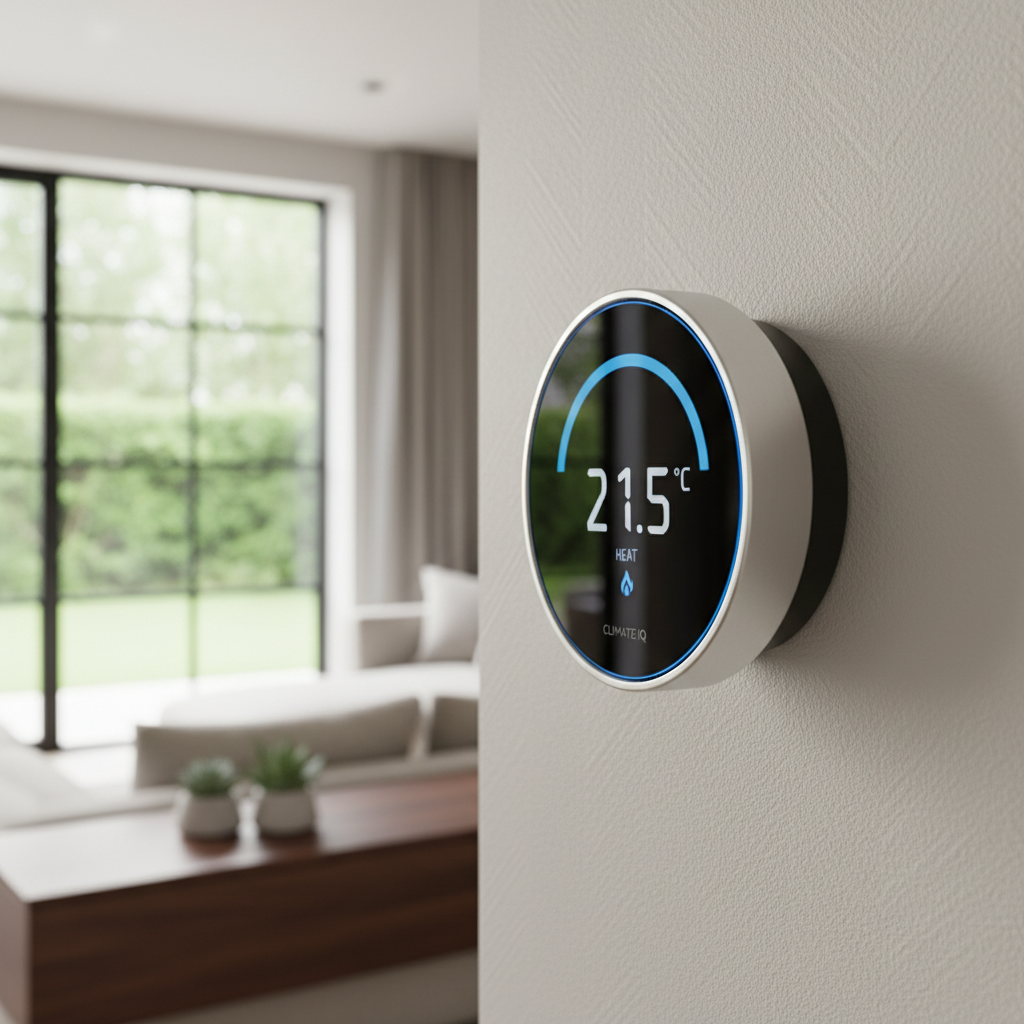 Next generation smart heating control thermostat with touchscreen display, modern home energy management