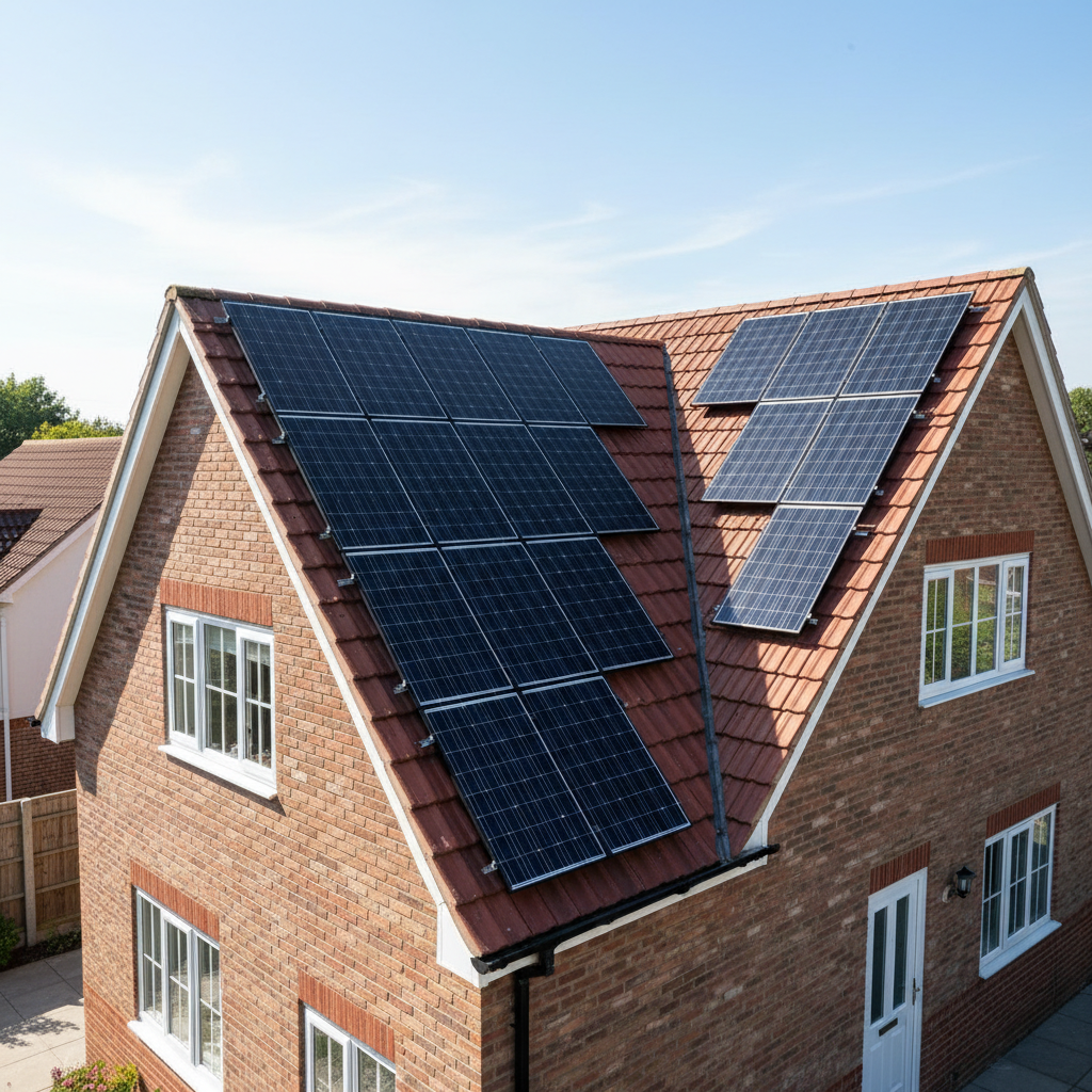 Solar PV panels installed on a UK residential roof, generating clean renewable electricity