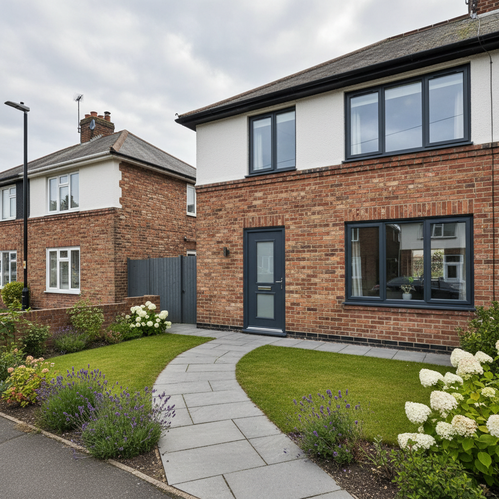 Traditional UK semi-detached brick home with modern composite door and triple glazed windows