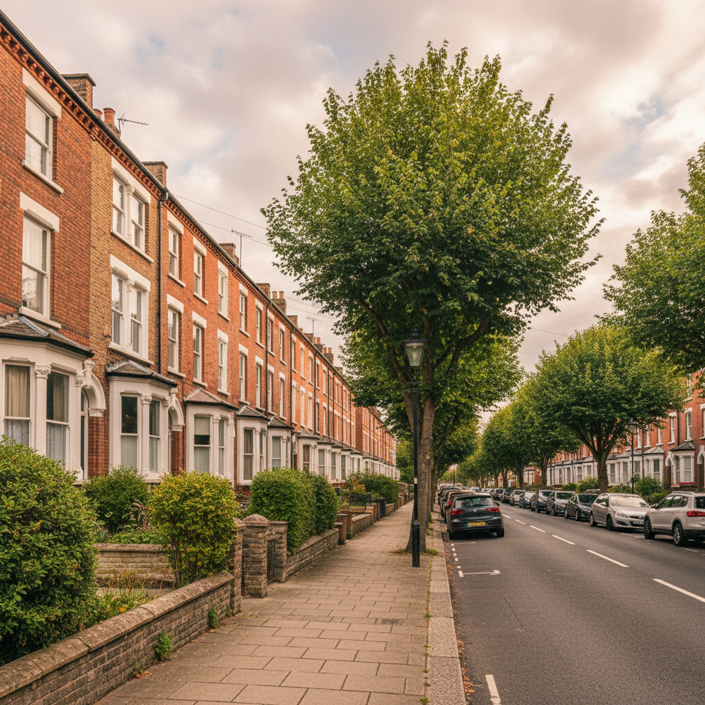 Traditional UK residential street with red brick terraced houses