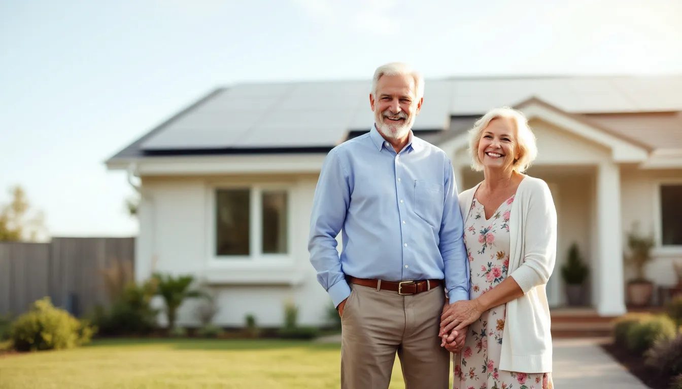 A joyful elderly couple stands in front of their home, proudly displaying the solar panels installed on their roof, symbolizing their commitment to energy efficiency and reduced electricity bills through solar power. The scene captures their happiness, reflecting the benefits of solar panel grants and energy performance upgrades for a sustainable future.