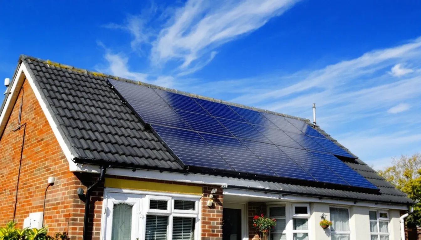 A typical UK house roof is adorned with solar panels under a clear blue sky, showcasing a solar panel installation that promotes energy efficiency and the potential for reduced energy bills. This setup highlights the benefits of solar power and the possibility of financial support through solar panel grants for homeowners looking to improve their home's energy performance.